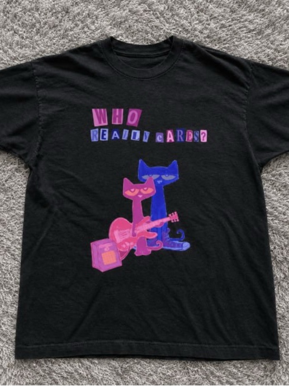 Who Really Cares? Black Graphic Tee with Pink & Blue Cats